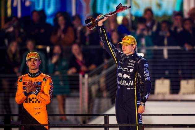 F1 - LAS VEGAS GRAND PRIX 2025 VERSTAPPEN Max (ned), Red Bull Racing RB21, portrait celebrating his win on the podium during the 2025 Formula 1 Las Vegas Grand Prix, 22th round of the 2025 FIA Formula One World Championship, WM, Weltmeisterschaft from November 21 to 23, 2025 on the Las Vegas Strip Circuit, in Paradise, Nevada, United States of America - ParadiseUnited States  Copyright: xXavixBonillax