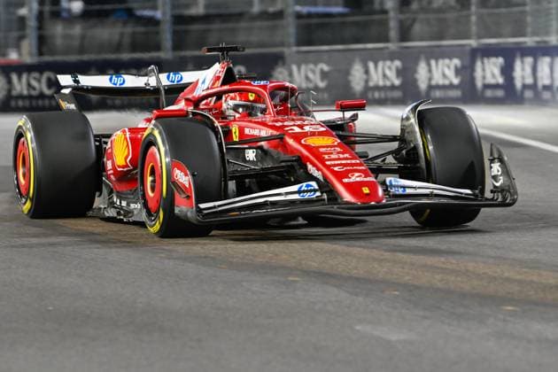 LAS VEGAS, NV - NOVEMBER 22: Scuderia Ferrari HP driver Charles Leclerc (16) of Monaco enters turn 16 during the Formula 1 Las Vegas Grand Prix on November 22, 2025, at Las Vegas Strip Circuit in Las Vegas, Nevada. (Photo by Ken Murray Icon Sportswire) AUTO: NOV 22 F1 Las Vegas Grand Prix EDITORIAL USE ONLY Icon2511220141