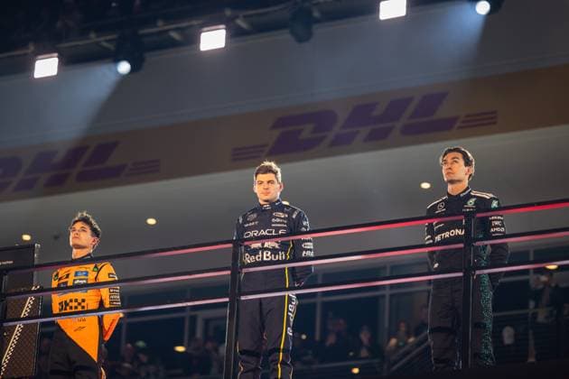 Formula 1 Heineken Las Vegas Grand Prix 2025 Thomas Cerato OVERTAKE MAXPPP - Las Vegas 23 11 2025 01 VERSTAPPEN Max (nld), Oracle Red Bull Racing, portrait with 63 RUSSELL George (gbr), Mercedes-AMG PETRONAS F1 Team, portrait & 04 NORRIS Lando (gbr), McLaren F1 Team, portrait on podium at the Formula 1 Heineken Las Vegas Grand Prix 2025, the 22nd round of the 2025 FIA Formula 1 World Championship, WM, Weltmeisterschaft held on the Las Vegas Strip Circuit in Las Vegas, Nevada, United States, from 19 to 22 November 2025. Las Vegas United States Copyright: xOVERTAKE MAXPPPxThomasxCeratox OVT202511235788 OVT202511235788