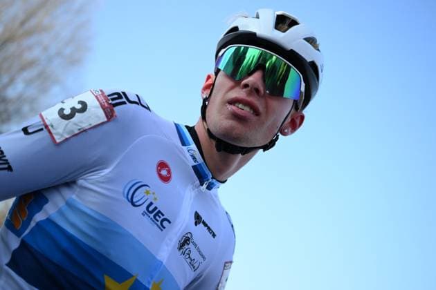 Italian Filippo Grigolini pictured at the men junior race at the World Cup cyclocross cycling event in Tabor, Czech Republic, stage 1 (out of 12) of the UCI World Cup cyclocross competition, Sunday 23 November 2025. DAVIDxPINTENS  x143588639x