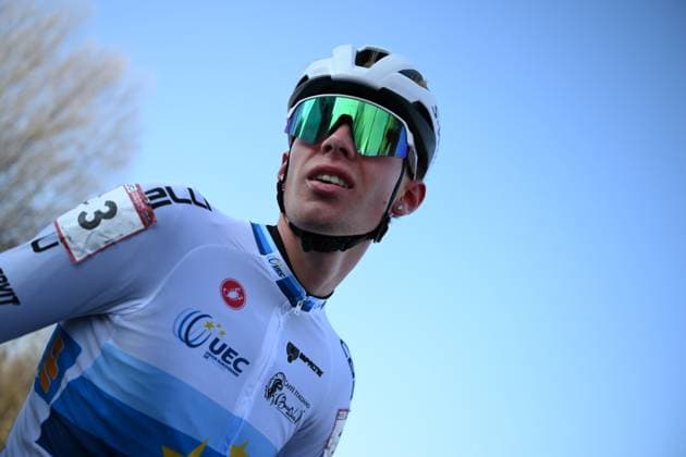 Italian Filippo Grigolini pictured at the men junior race at the World Cup cyclocross cycling event in Tabor, Czech Republic, stage 1 (out of 12) of the UCI World Cup cyclocross competition, Sunday 23 November 2025. DAVIDxPINTENS  x143588656x