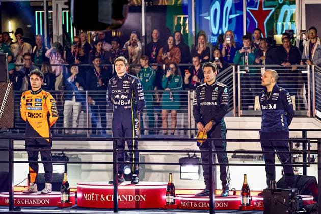 Max Verstappen (NED) - Oracle Red Bull Racing - Red Bull RB21 - Honda RBPT celebrating victory of the race during the Sunday of the Formula 1 Heineken Las Vegas Grand Prix 2025 at Las Vegas Strip Circuit, ahead of Round 22 of 24 of the 2025 FIA Formula One World Championship, WM, Weltmeisterschaft (November 20-23, 2025). Formula 1 Heineken Las Vegas Grand Prix 2025