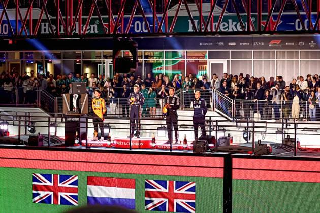 Max Verstappen (NED) - Oracle Red Bull Racing - Red Bull RB21 - Honda RBPT celebrating victory of the race during the Sunday of the Formula 1 Heineken Las Vegas Grand Prix 2025 at Las Vegas Strip Circuit, ahead of Round 22 of 24 of the 2025 FIA Formula One World Championship, WM, Weltmeisterschaft (November 20-23, 2025). Formula 1 Heineken Las Vegas Grand Prix 2025