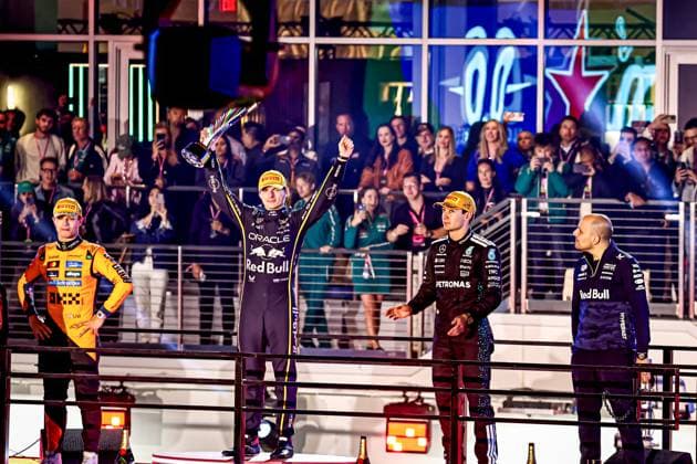Max Verstappen (NED) - Oracle Red Bull Racing - Red Bull RB21 - Honda RBPT celebrating victory of the race during the Sunday of the Formula 1 Heineken Las Vegas Grand Prix 2025 at Las Vegas Strip Circuit, ahead of Round 22 of 24 of the 2025 FIA Formula One World Championship, WM, Weltmeisterschaft (November 20-23, 2025). Formula 1 Heineken Las Vegas Grand Prix 2025