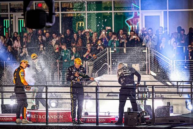 Max Verstappen (NED) - Oracle Red Bull Racing - Red Bull RB21 - Honda RBPT celebrating victory of the race during the Sunday of the Formula 1 Heineken Las Vegas Grand Prix 2025 at Las Vegas Strip Circuit, ahead of Round 22 of 24 of the 2025 FIA Formula One World Championship, WM, Weltmeisterschaft (November 20-23, 2025). Formula 1 Heineken Las Vegas Grand Prix 2025