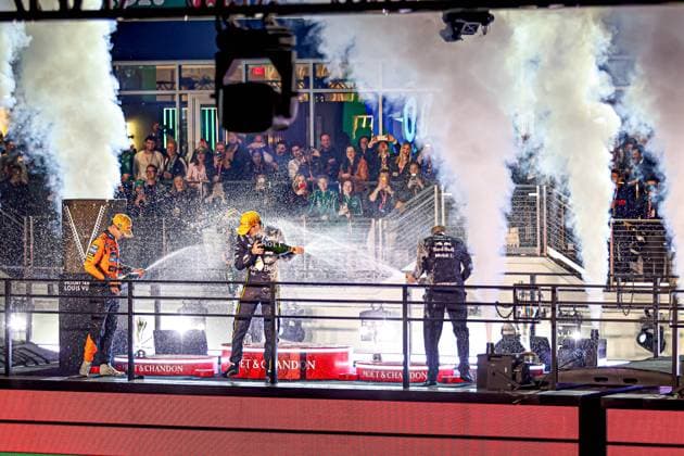 Max Verstappen (NED) - Oracle Red Bull Racing - Red Bull RB21 - Honda RBPT celebrating victory of the race during the Sunday of the Formula 1 Heineken Las Vegas Grand Prix 2025 at Las Vegas Strip Circuit, ahead of Round 22 of 24 of the 2025 FIA Formula One World Championship, WM, Weltmeisterschaft (November 20-23, 2025). Formula 1 Heineken Las Vegas Grand Prix 2025