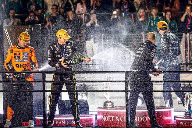 Max Verstappen (NED) - Oracle Red Bull Racing - Red Bull RB21 - Honda RBPT celebrating victory of the race during the Sunday of the Formula 1 Heineken Las Vegas Grand Prix 2025 at Las Vegas Strip Circuit, ahead of Round 22 of 24 of the 2025 FIA Formula One World Championship, WM, Weltmeisterschaft (November 20-23, 2025). Formula 1 Heineken Las Vegas Grand Prix 2025