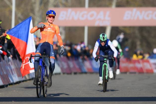 Dutch David Haverdings celebrates as he crosses the finish line to win the men U23 race at the World Cup cyclocross cycling event in Tabor, Czech Republic, stage 1 (out of 12) of the UCI World Cup cyclocross competition, Sunday 23 November 2025. DAVIDxPINTENS  x143612479x