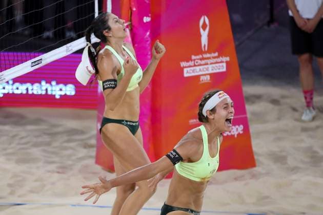 Beach volleyball, Beachvolleyball World Championship, WM, Weltmeisterschaft Tina Graudina and Anastasija Samoilova (LAT) celebrate victory against Kristen Nuss and Taryn Brasher (USA) during the Women™s Final match of the Beach Volleyball World Championships at The Drive in Adelaide, Sunday, November 23, 2025. ( NO ARCHIVING, EDITORIAL USE ONLY ADELAIDE SOUTH AUSTRALIA AUSTRALIA  Copyright: xMATTxTURNERx 20251123145540758690