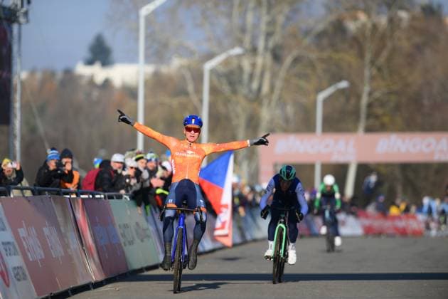 Dutch David Haverdings celebrates as he crosses the finish line to win the men U23 race at the World Cup cyclocross cycling event in Tabor, Czech Republic, stage 1 (out of 12) of the UCI World Cup cyclocross competition, Sunday 23 November 2025. DAVIDxPINTENS  x143613212x