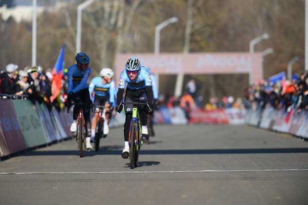 Belgian Arthur van den Boer crosses the finish line of the men U23 race at the World Cup cyclocross cycling event in Tabor, Czech Republic, stage 1 (out of 12) of the UCI World Cup cyclocross competition, Sunday 23 November 2025. DAVIDxPINTENS  x143613309x