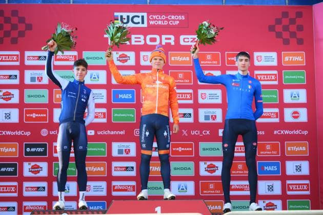 French Aubin Sparfel, Dutch David Haverdings and Italian Stefano Viezzi pictured on the podium after the men U23 race at the World Cup cyclocross cycling event in Tabor, Czech Republic, stage 1 (out of 12) of the UCI World Cup cyclocross competition, Sunday 23 November 2025. DAVIDxPINTENS  x143614983x