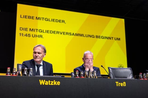 23 11 2025, Football, Season 2025 2026, 1 Bundesliga, General Meeting Borussia Dortmund, f l Chairman of the Management Hans Joachim Watzke Borussia Dortmund , Managing Director Thomas Treß Borussia Dortmund , behind them the announcement about the delay of the start of the MV, Dortmund Messe Wetsfalenhalle NRW Germany xRHR PHOTO DEx Copyright: DennisxEwert RHR-FOTOx RHR-FOTO DE