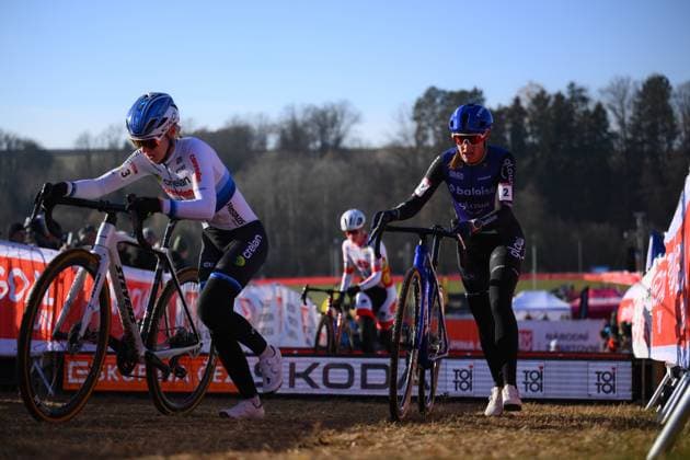 Dutch Inge van der Heijden and Dutch Lucinda Brand pictured in action during the women elite race at the World Cup cyclocross cycling event in Tabor, Czech Republic, stage 1 (out of 12) of the UCI World Cup cyclocross competition, Sunday 23 November 2025. DAVIDxPINTENS  x143628323x