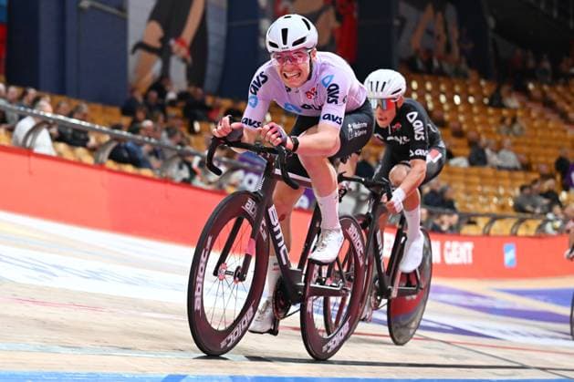 Swiss Arthur Guillet pictured in action during the last day of the Zesdaagse Vlaanderen-Gent six-day indoor Track cycling, Rad, Radsport, Bahnrad, Bahn event at the indoor cycling arena t Kuipke, Sunday 23 November 2025, in Gent. MAARTENxSTRAETEMANS  x143630056x