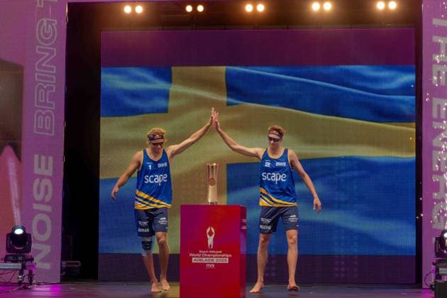 RECORD DATE NOT STATED ADELAIDE, AUSTRALIA - NOVEMBER 23: Jonatan Hellvig (Player 2 - SWE), David Åhman (Player 1 - SWE) during the Beach volleyball, Beachvolleyball World Championships at Adelaide on November 23, 2025 in Adelaide, Australia. Australia Copyright: xBEAUTIFULxSPORTS PeterxWeberx