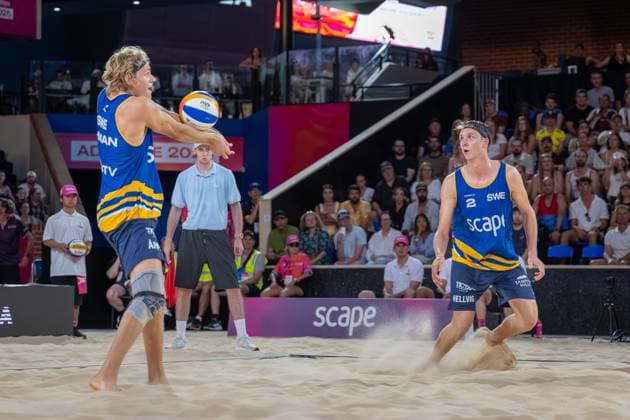RECORD DATE NOT STATED ADELAIDE, AUSTRALIA - NOVEMBER 23: Jonatan Hellvig (Player 2 - SWE), David Åhman (Player 1 - SWE) during the Beach volleyball, Beachvolleyball World Championships at Adelaide on November 23, 2025 in Adelaide, Australia. Australia Copyright: xBEAUTIFULxSPORTS PeterxWeberx