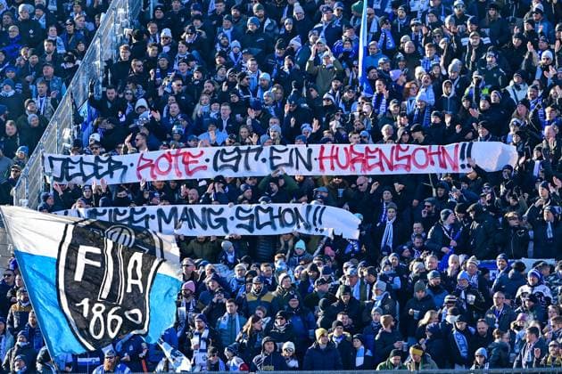 Fans of TSV 1860 Muenchen show a banner against fans of FC Bayern Muenchen, Fans, Audience, Spectators, Atmosphaere, Stadium, 23 11 2025, Munich Germany , Football, 3 Liga, TSV 1860 München 1 FC Saarbrücken, DFB DFL REGULATIONS PROHIBIT ANY USE OF PHOTOGRAPHS AS IMAGE SEQUENCES AND OR QUASI VIDEO xslx