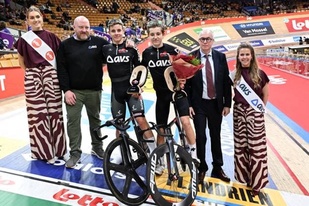 German Tobias Muller and German Moritz Mauss pictured after winning on the last day of the Zesdaagse Vlaanderen-Gent six-day indoor Track cycling, Rad, Radsport, Bahnrad, Bahn event at the indoor cycling arena t Kuipke, Sunday 23 November 2025, in Gent. MAARTENxSTRAETEMANS  x143633697x
