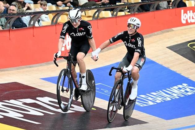 German Moritz Mauss and German Tobias Muller celebrate after winning on the last day of the Zesdaagse Vlaanderen-Gent six-day indoor Track cycling, Rad, Radsport, Bahnrad, Bahn event at the indoor cycling arena t Kuipke, Sunday 23 November 2025, in Gent. MAARTENxSTRAETEMANS  x143633898x