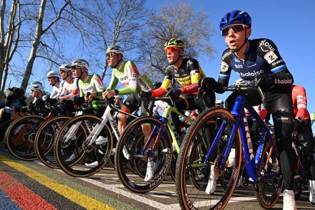 Belgian Thibau Nys and Dutch Lars Van Der Haar pictured at the start of the men elite race at the World Cup cyclocross cycling event in Tabor, Czech Republic, stage 1 (out of 12) of the UCI World Cup cyclocross competition, Sunday 23 November 2025. DAVIDxPINTENS  x143641225x