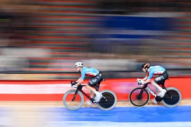 Belgian Jules Hesters and Dutch Yoeri Havik pictured in action during the last day of the Zesdaagse Vlaanderen-Gent six-day indoor Track cycling, Rad, Radsport, Bahnrad, Bahn event at the indoor cycling arena t Kuipke, Sunday 23 November 2025, in Gent. MAARTENxSTRAETEMANS  x143647823x