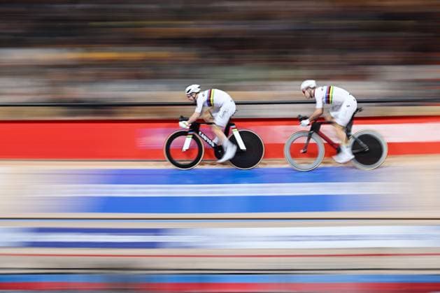 Belgian Fabio Van Den Bossche, Belgian Lindsay De Vylder and pictured in action during the last day of the Zesdaagse Vlaanderen-Gent six-day indoor Track cycling, Rad, Radsport, Bahnrad, Bahn event at the indoor cycling arena t Kuipke, Sunday 23 November 2025, in Gent. MAARTENxSTRAETEMANS  x143648583x