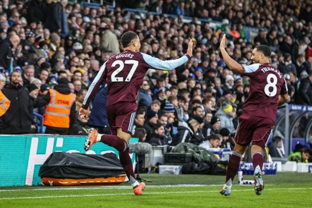 Premier League Leeds United v Aston Villa Morgan Rogers of Aston Villa celebrates his goal to make it 1-1 during the Premier League match Leeds United vs Aston Villa at Elland Road, Leeds, United Kingdom, 23rd November 2025 (Photo by Alfie Cosgrove News Images) Leeds Elland Road West Yorkshire United Kingdom Copyright: xAlfiexCosgrove NewsxImagesx
