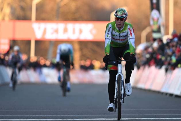 Belgian Laurens Sweeck reacts as he finished at the second place at the men elite race at the World Cup cyclocross cycling event in Tabor, Czech Republic, stage 1 (out of 12) of the UCI World Cup cyclocross competition, Sunday 23 November 2025. DAVIDxPINTENS  x143651598x