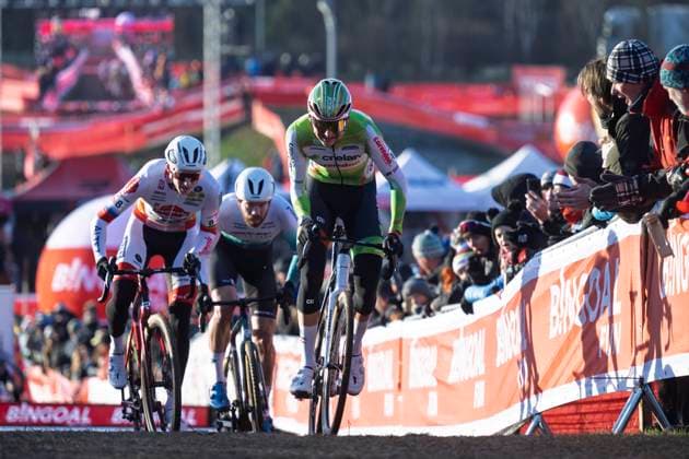 L-R Michael Vanthourenhout from Belgium, Boris Nieuwenhuis from Netherlands and Laurens Sweeck from Belgium compete in the UCI Cyclo-cross World Cup race, category Elite Men, in Tabor, Czech Republic, on November 23, 2025. (CTKxPhoto VaclavxPancer) CTKPhotoP2025112304327  CTKPhotoP2025112304327