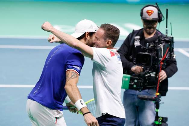November 23, 2025, Bologna, ITALY: Italy tennis player Matteo Berrettini celebrates the victory in his single tennis match against Spain player Pablo Carreno Busta during the final of Davis Cup 2025 Final 8 at Fiere Exhibition Centre in Bologna, Italy, 23 November 2025. ANSA ELISABETTA BARACCHI Finale Davis: Berrettini Vince, Italia-Spagna 1-0  - ZUMAa110 20251123_zaf_a110_032 Copyright: xElisabettaxBaracchix