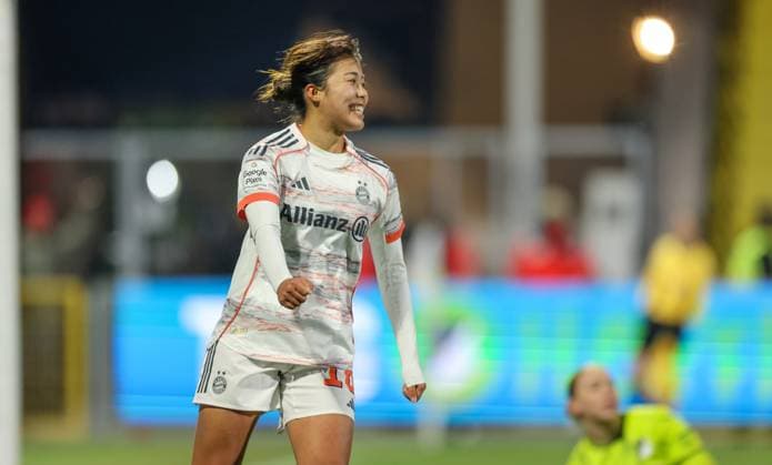 DEU, Hoffenheim, TSG Hoffenheim vs FC Bayern Munich, Google Pixel Bundesliga, DFB, Season 2526, Dietmar Hopp Stadion, 11 Matchday, in the picture Goal and cheers, Momoko Tanikawa Bayern Munich 18 scores the 4 1, Jubell and joy DFB DFL REGULATIONS PROHIBIT ANY USE OF PHOTOGRAPHS AS IMAGE SEQUENCES AND OR QUASI VIDEO, 23 11 2025, Copyright: HMBxMedia HendrikxHamelau