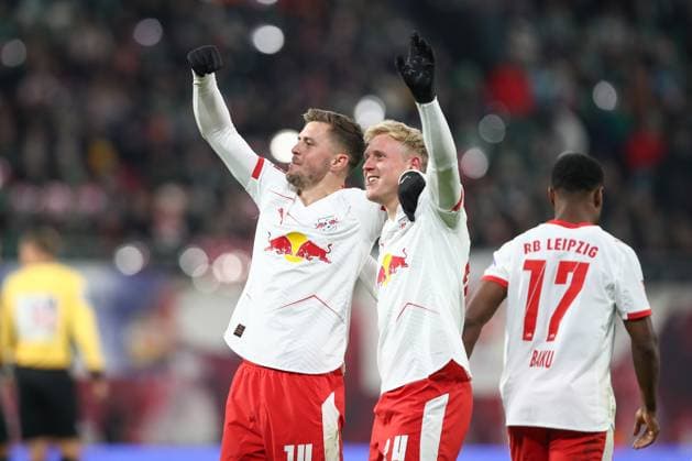 23 11 2025, xtgx, Soccer 1 Bundesliga RB Leipzig SV Werder Bremen emspor, v l jubilation after the 2 0 by Xaver Schlager Leipzig, 24 DFL DFB REGULATIONS PROHIBIT ANY USE OF PHOTOGRAPHS as IMAGE SEQUENCES and or QUASI VIDEO Leipzig