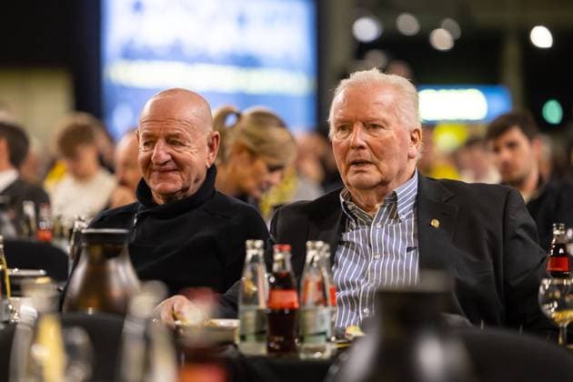 23 11 2025, Football, Season 2025 2026, 1 Bundesliga, General Meeting Borussia Dortmund, f l the former players Lothar Huber Borussia Dortmund and Theo Redder Borussia Dormtund , Dortmund Messe Wetsfalenhalle NRW Germany xRHR PHOTO DEx Copyright: DennisxEwert RHR-FOTOx RHR-FOTO DE