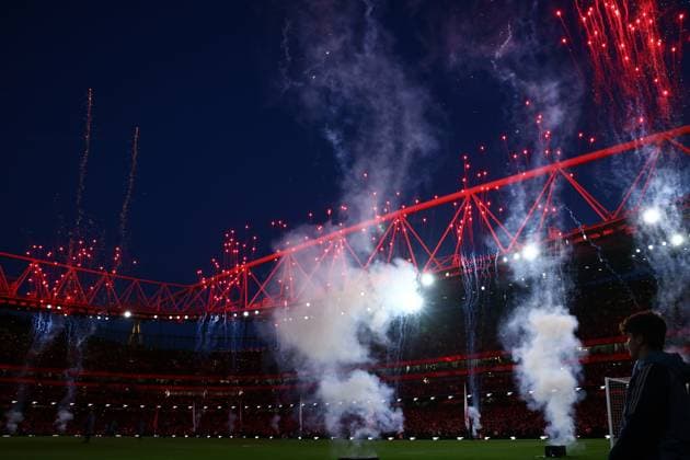 London, England, 23rd November 2025. Fireworks are set off before the Arsenal vs Tottenham Hotspur Premier League match at the Emirates Stadium, London. Picture credit should read: David Klein Sportimage EDITORIAL USE ONLY. No use with unauthorised audio, video, data, fixture lists, club league logos or live services. Online in-match use limited to 120 images, no video emulation. No use in betting, games or single club league player publications. SPI_027_DK_Arsenal_Tottenham SPI-4307-0027