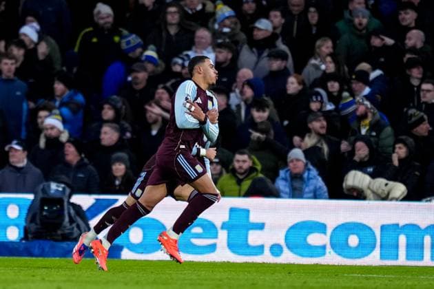 LEEDS, ENGLAND - NOVEMBER 23: Morgan Rogers of Aston Villa celebrates after scoring his team s second goal during the Premier League match between Leeds United and Aston Villa at Elland Road on November 23, 2025 in Leeds, England. (Photo by Rene Nijhuis) SPO  Copyright: xRenexNijhuis