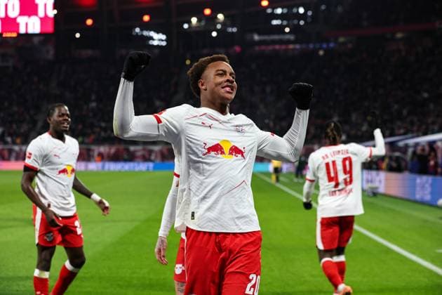 Goal celebration goal scorer Assan Quedraogo RB Leipzig,20 scores to 1 0 1 Soccer Bundesliga season 2025 2026 point match RB Leipzig vs Werder Bremen at the Red Bull Arena in Leipzig action,soccer,Germany,man,men,23 11 2025