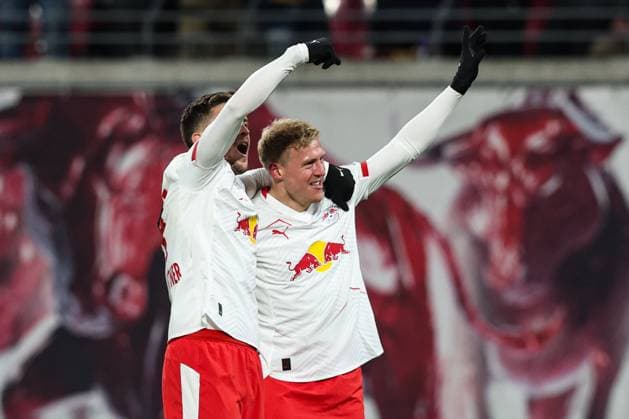 Goal celebration goal scorer Xaver Schlager RB Leipzig,24 scores to 2 0 with Christoph Baumgartner RB Leipzig,14 1 Soccer Bundesliga season 2025 2026 point match RB Leipzig vs Werder Bremen at the Red Bull Arena in Leipzig action,soccer,Germany,man,men,23 11 2025