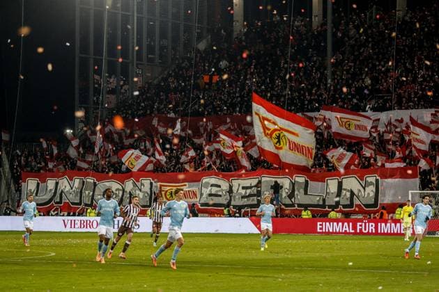 Union Fans with Banner Flags Fans Fanblock Germany , Hamburg , Millerntorstadion , Soccer , 1 Bundesliga , FC St Pauli 1 FC Union Berlin