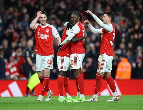 Eberechi Eze of Arsenal celebrates scoring their sides fourth goal Arsenal v Tottenham Hotspur, Premier League, Football, Emirates Stadium, London, UK - 23 Nov 2025London Emirates Stadium United Kingdom EDITORIAL USE ONLY No use with unauthorised audio, video, data, fixture lists, club league logos or live services. Online in-match use limited to 120 images, no video emulation. No use in betting, games or single club league player publications.  Copyright: xMichaelxZemanek Shutterstockx 15860967ad