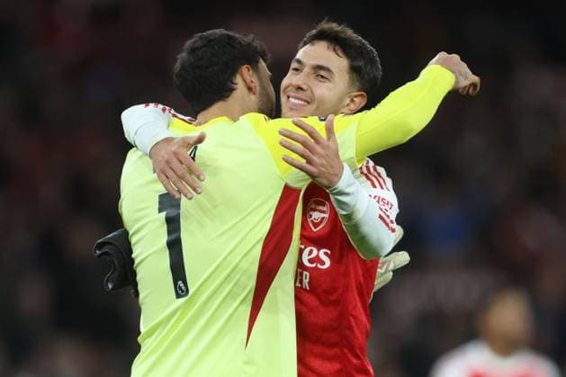 Arsenal v Tottenham Hotspur - Premier League David Raya and Martin Zubimendi of Arsenal celebrate after winning the Premier League match between Arsenal and Tottenham Hotspur at Emirates Stadium on November 23, 2025 in London, England. London Emirates Stadium England United Kingdom Copyright: xNigelxFrench Sportsphoto APLx 14142502