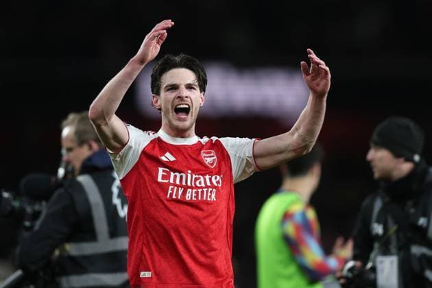 London, England, 23rd November 2025. Declan Rice of Arsenal celebrates after the Arsenal vs Tottenham Hotspur Premier League match at the Emirates Stadium, London. Picture credit should read: David Klein Sportimage EDITORIAL USE ONLY. No use with unauthorised audio, video, data, fixture lists, club league logos or live services. Online in-match use limited to 120 images, no video emulation. No use in betting, games or single club league player publications. SPI_134_DK_Arsenal_Tottenham SPI-4307-0133