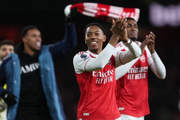 London, England, 23rd November 2025. Myles Lewis-Skelly of Arsenal celebrates after the Arsenal vs Tottenham Hotspur Premier League match at the Emirates Stadium, London. Picture credit should read: David Klein Sportimage EDITORIAL USE ONLY. No use with unauthorised audio, video, data, fixture lists, club league logos or live services. Online in-match use limited to 120 images, no video emulation. No use in betting, games or single club league player publications. SPI_138_DK_Arsenal_Tottenham SPI-4307-0137