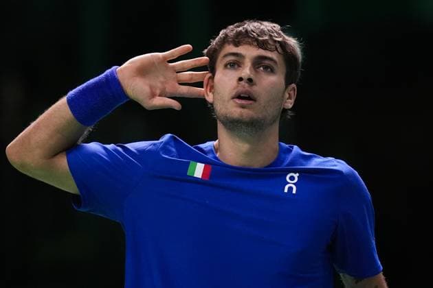 Flavio Cobolli celebrates during Davis Cup Finals 2025 finals match between Flavio Cobolli (Italy) and Jaume Munar (Spain) at Bologna Fiere, Bologna, Italy - November 23, 2025. - Tennis.  Copyright: xMassimoxPaolone LaPressex