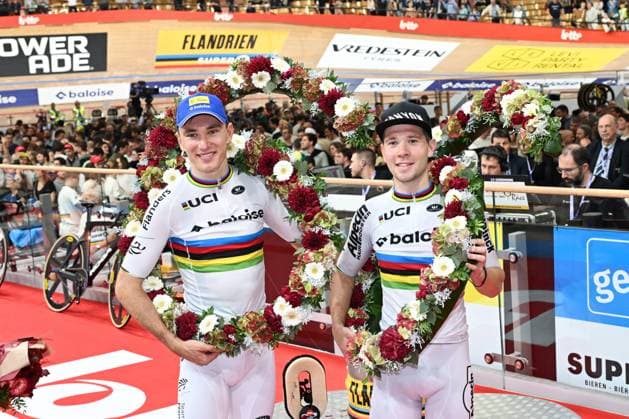 Belgian Lindsay De Vylder and Belgian Fabio Van Den Bossche pictured after winning the last day of the Zesdaagse Vlaanderen-Gent six-day indoor Track cycling, Rad, Radsport, Bahnrad, Bahn event at the indoor cycling arena t Kuipke, Sunday 23 November 2025, in Gent. MAARTENxSTRAETEMANS  x143685294x