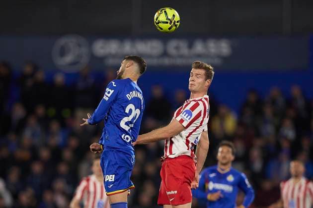 Alexander Sorloth Atletico de Madrid and Domingos Duarte Getafe CF battle for the ball during the LaLiga EA Sports match between Getafe CF v AtlÃ tico Madrid at Coliseum on November 23, 2025 in Getafe, Spain Photo by Manu Reino DeFodi Images