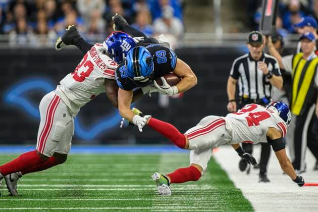 DETROIT, MI - NOVEMBER 23: Detroit Lions Tight End Brock Wright (89) gets upended after taking a catch to the sideline during the game between New York Giants and Detroit Lions on November 23, 2025 at Ford Field in Detroit, MI ( CSM) Detroit United States - ZUMAc04_ 20251123_zma_c04_074 Copyright: xAllanxDranbergx