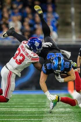 DETROIT, MI - NOVEMBER 23: Detroit Lions Tight End Brock Wright (89) gets upended after taking a catch to the sideline during the game between New York Giants and Detroit Lions on November 23, 2025 at Ford Field in Detroit, MI ( CSM) Detroit United States - ZUMAc04_ 20251123_zma_c04_086 Copyright: xAllanxDranbergx