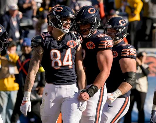Chicago Bears tight end Colston Loveland (84) celebrates his second quarter touchdown against the Pittsburgh Steelers at Soldier Field in Chicago on Sunday, November 23, 2025.  CHI20251123111 MARKxBLACK