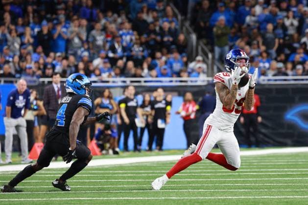 New York Giants vs Detroit Lions DETROIT,MICHIGAN-NOVEMBER 23: New York Giants wide receiver Isaiah Hodgins 89 catches a pass during the second half of an NFL, American Football Herren, USA football game between the New York Giants and the Detroit Lions in Detroit, Michigan USA, on Sunday, November 23, 2025 Detroit Michigan United States  Copyright: xJorgexLemusx originalFilename:lemus-newyorkg251123_npCHj.jpg